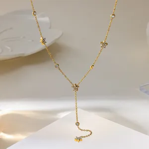 Luxe Roestvrij Staal Bloem Strass Y Lariat Tassel Hanger Ketting Verguld Waterdicht Sleutelbeen Ketting Voor Vrouwen Sieraden Cadeau