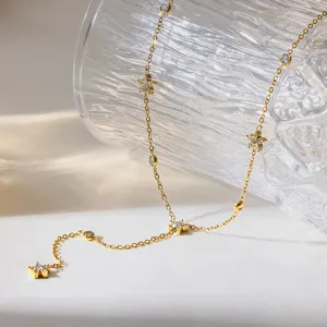 Roestvrij staal 18K verguld bloem zirkoon Y-vormige kwast sleutelbeentje ketting detail.