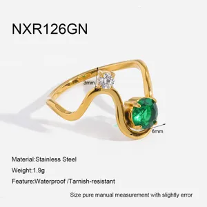 18K gold plated stainless steel wave ring with dual cubic zirconia, waterproof and durable.