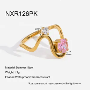Stainless steel wavy ring featuring pink and white cubic zirconia stones for women jewelry