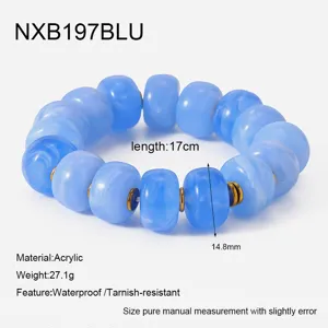 Blue acrylic beaded bracelet with metal spacers, 17cm length, 14.8mm beads, lightweight fashion jewelry.