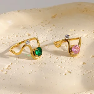 Wave Stainless Steel Zirconia Ring For Women 18K Gold Plated Pink Green Cubic Zirconia Finger Ring Luxury Fashion Jewelry Accessories