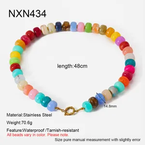 Colorful beaded stainless steel necklace detail view showing bead size and length specs.