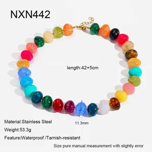 Colorful acrylic beaded necklace with stainless steel spacers, perfect for vacation style.
