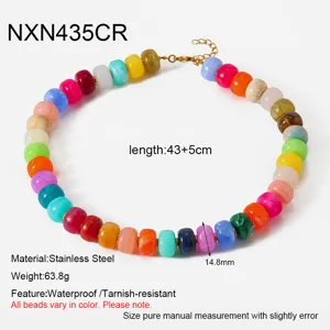 Colorful acrylic beaded necklace with stainless steel clasp, bohemian style jewelry for women.