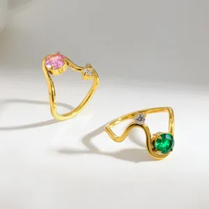 Chic 18k gold plated stainless steel wavy rings featuring colorful double zircon details.