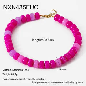 Colorful acrylic beaded necklace for women, stainless steel chain, bohemian fashion jewelry.