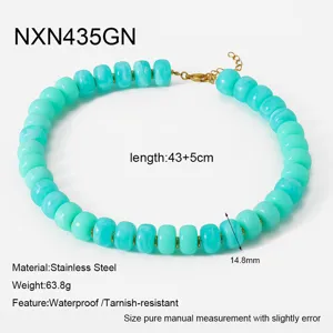 Turquoise beaded necklace with stainless steel clasp, 43+5cm length, 14.8mm beads, waterproof.