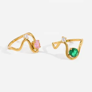 Cross-border 18k gold plated stainless steel wavy rings with pink and green cubic zirconia.