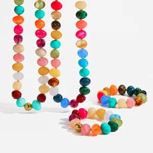 Colorful acrylic beaded necklace detail shot, vibrant vacation style resin jewelry for women.