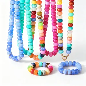 Colorful beaded necklace and bracelet set, bohemian style acrylic resin jewelry for women.