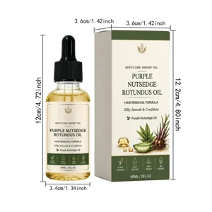 Detailansicht der Flasche und Verpackung von Purple Nutsedge Haarentfernungsöl mit Maßen.
