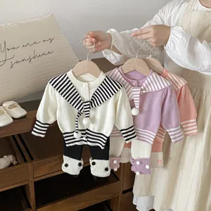 Bebé Niñas Cárdigan De Punto Suéter Cuello Marinero Manga Larga Top Y Pantalones Infante Primavera Otoño Ropa Top Y Fondo