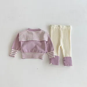 Conjunto de suéter de punto para niña bebé top a rayas manga larga leggings acanalados