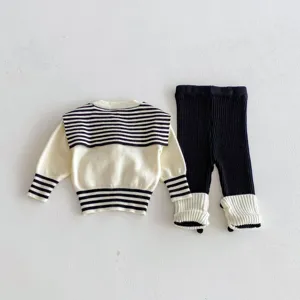 Conjunto de jersey de punto para niña, top con cuello marinero a rayas y mallas.