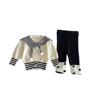 Conjunto de cárdigan y pantalón de punto para bebé niña, lindo traje marinero otoño.