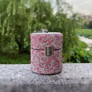 Mini rhinestone cylinder crossbody bag sparkly pink small purse for women makeup lipstick case
