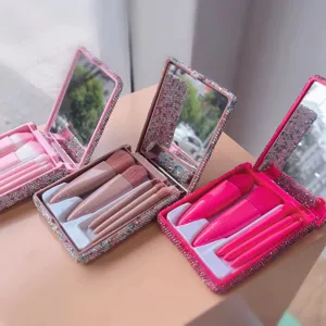 Tragbares Mini Make-up Pinsel Set mit Strass Spiegel Reise kompakte Kosmetik Pinsel