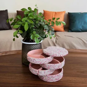 Rhinestone multi-layer rotating jewelry box, Nordic style pink desktop organizer for rings.