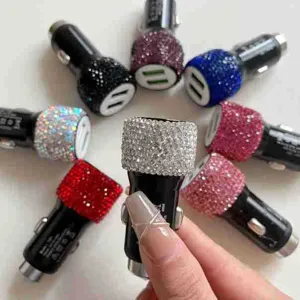 Bling rhinestone dual USB car charger adapter fast charging metal auto phone charger accessory