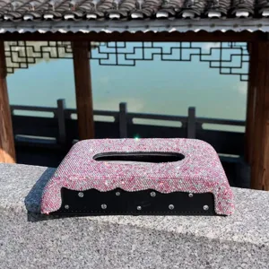 Cubierta de caja de pañuelos de coche con diamantes de imitación rosas, soporte brillante.
