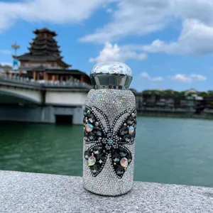 Sparkling rhinestone thermos pocket cup with mushroom lid and stunning crystal butterfly design