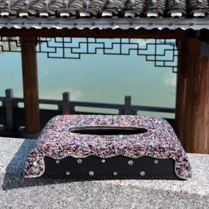 Caja de pañuelos para coche con diamantes de imitación, soporte de cristal morado.