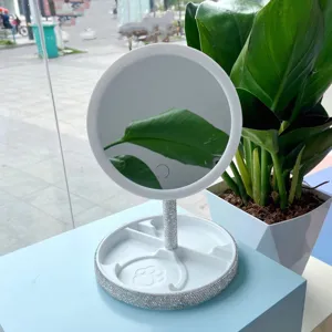 Detailed view of LED lighted makeup mirror with storage base and rhinestone stand.