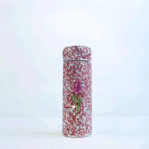 Portable rhinestone insulated pocket cup 150ml stainless steel vacuum flask with tulip motif.