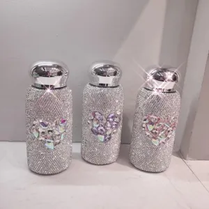 Stainless Steel Insulated Thermos Cup Rhinestone Heart Mushroom Cap Water Bottle For Home Outdoor Women