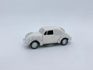 Rhinestone classic car ornament, sparkling crystal alloy beetle model for car interior decor.