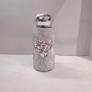 Bling rhinestone vacuum flask detail shot, 260ml sparkly heart thermos bottle for outdoor.