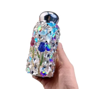 Bling rhinestone stainless steel thermos water bottle with butterfly flower design main view