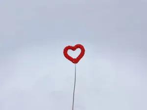 Red rhinestone heart balloon detail shot, cute car interior decoration and floral pick.