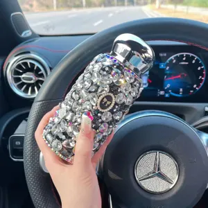 Close-up of the luxury rhinestone insulated water bottle showcasing sparkling crystals.