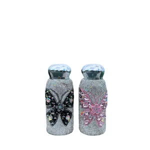 Rhinestone pocket thermos bottle set with sparkling crystal butterfly design, portable insulated cup.
