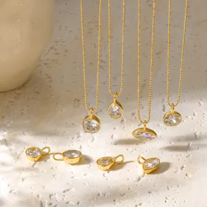 Minimalist gold geometric zirconia pendant necklace set with stainless steel bead chain.