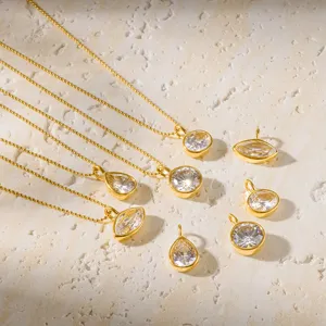 Minimalist Stainless Steel Zirconia Pendant Necklace For Women PVD Gold Plated Bead Chain Geometric Jewelry Waterproof Tarnish Resistant