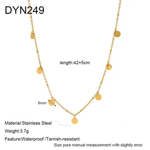 Gold stainless steel coin pendant necklace detail shot showing 42+5cm length and 6mm size.