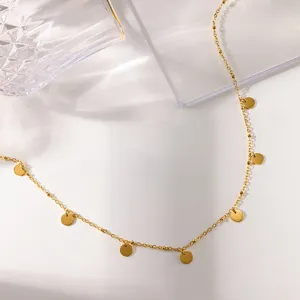 Minimalist Stainless Steel PVD Gold Plated Round Disc Tassel Pendant Necklace Waterproof Non Tarnish O-Chain Choker For Women Daily Wear Jewelry