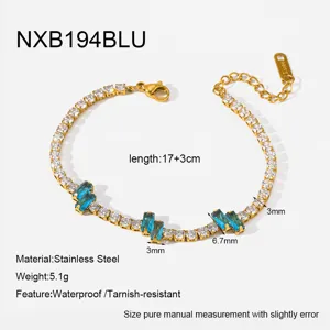 Gold stainless steel tennis bracelet featuring blue cubic zirconia, 17+3cm length.