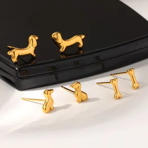 Vergoldete Edelstahl Dackel Hunde und Knochen Ohrstecker Set fur Damen Alltagsschmuck.
