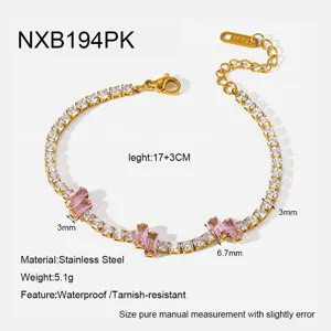 Stainless steel tennis bracelet with sparkling cubic zirconia and pink stones and extension chain.