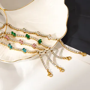 Detailed view of 18k gold plated stainless steel tennis bracelets featuring colorful zirconia.