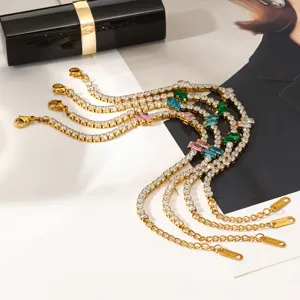 Gold plated stainless steel tennis bracelet featuring sparkling colorful cubic zirconia stones.