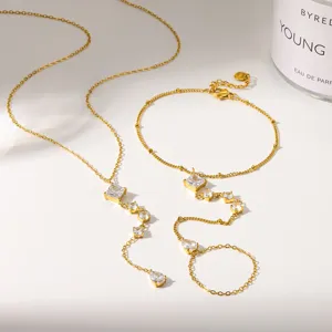 Collar de Acero Inoxidable Chapado en Oro 18K Circonia Gota de Agua Pulsera de Mano para Mujer Joyería Geométrica de Lujo