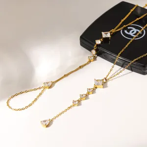 Set Collar Cadena Mano Circonita Chapado Oro 18K Lujo Joyeria Acero Inoxidable Chic