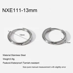 Stainless steel hoop earrings with 13mm diameter, highly polished waterproof jewelry.