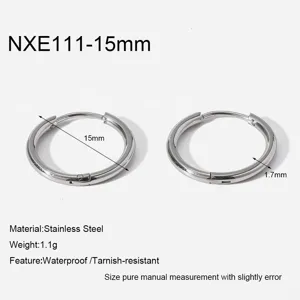 Stainless steel hoop earrings with 15mm diameter, waterproof and tarnish-resistant design.