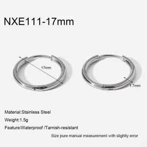 Stainless steel hoop earrings detail view showing 17mm diameter and polished silver finish.